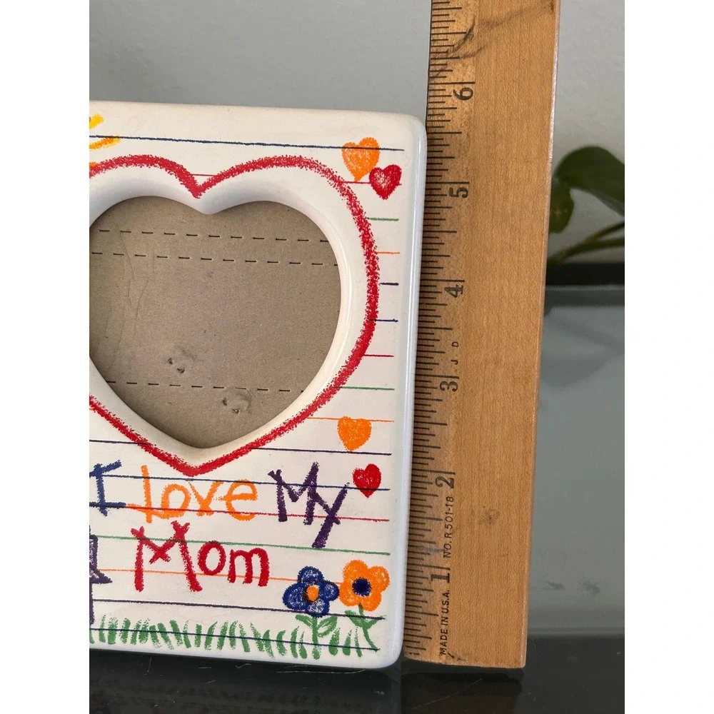 Vintage Papel I Love My Mom Ceramic Heart Picture Frame Crayon Drawing Mother